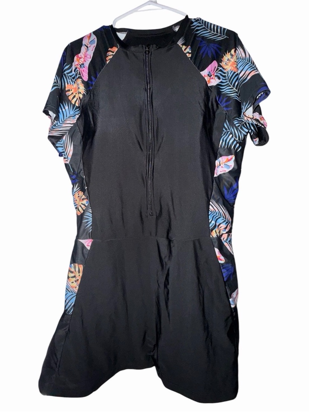 Zip Front Tropical Print One Piece Swimsuit Black Floral